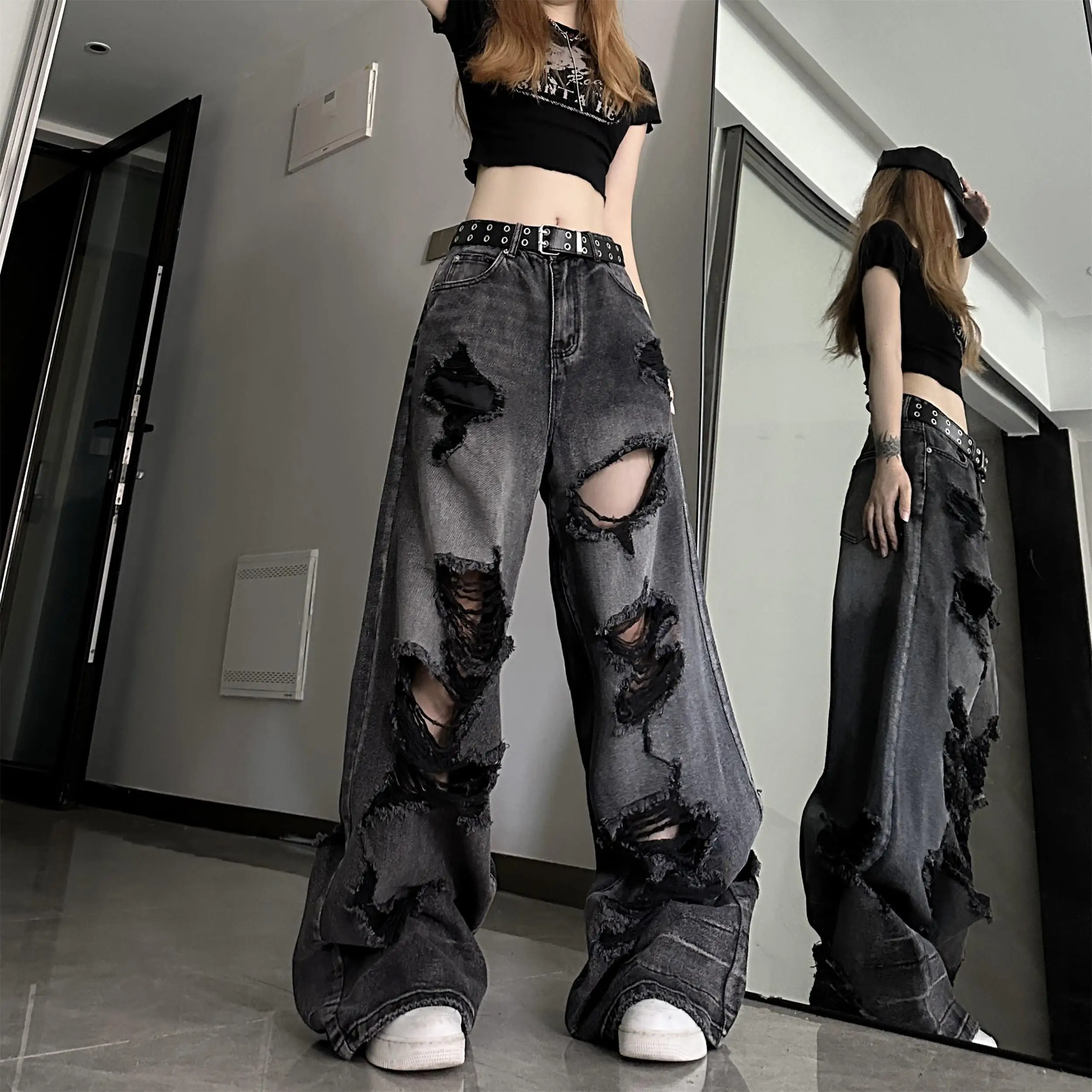 High Street Ripped Jeans for Men and Women in Summer Loose and Slim and Versatile Wide-leg Trousers, Washed and Distressed Pants