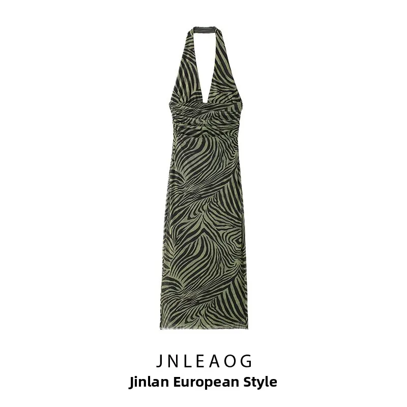 JNLEAOG Modna, drukowana jedwabna sukienka damska na co dzień, letnia, elegancka, z dekoltem w kształcie litery V i ozdobnymi detalami w talii.