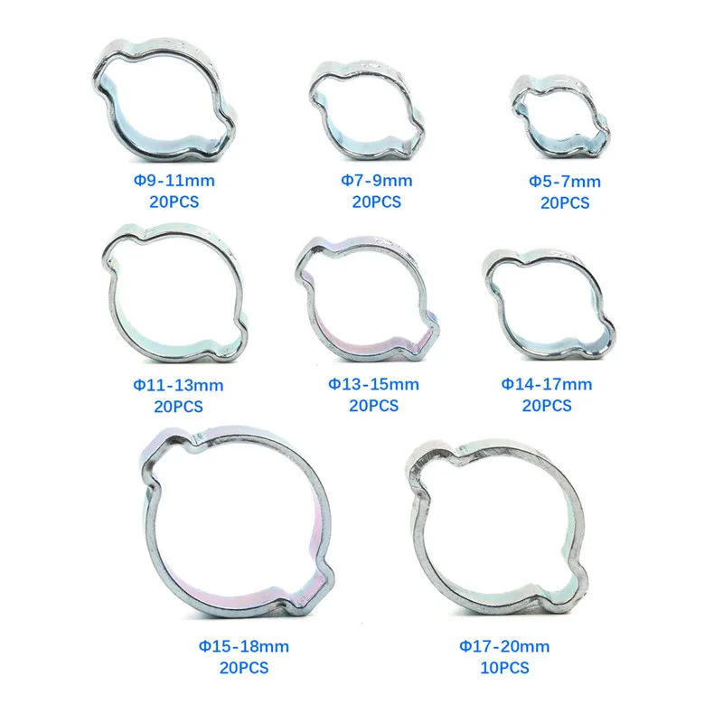 150Pcs 5-20mm Hose Clamp Double Ears Clamp Worm Drive Fuel Water Hose Pipe Clamps Clips+1PC Plier