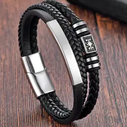 Stainless Steel Men Bracelet Magnetic Clasp Black Leather Wristband Braided Rope Business Bangle for Male Jewelry Gifts
