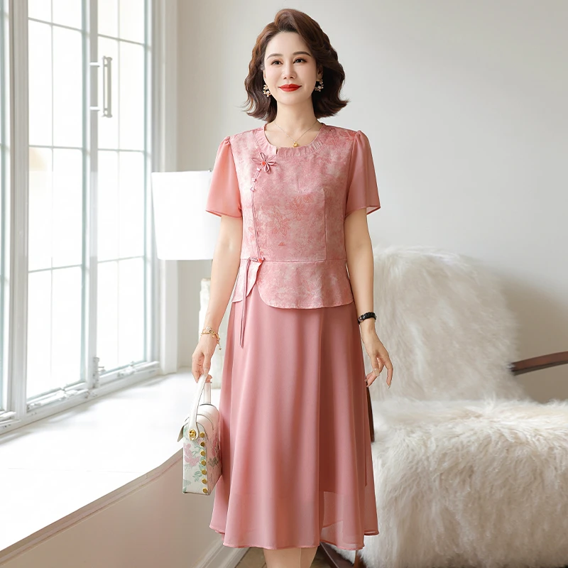 

New Chinese Sle Summer Dr Mommy Midi Skirt Faion Loose Fit Polyester Blend round Ne ort Sve Pearl Embellied