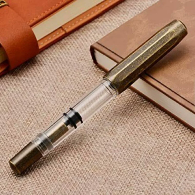 Pluma estilográfica de pistón A+ Majohn T1, pluma de tinta de punta F acrílica transparente de latón Vintage