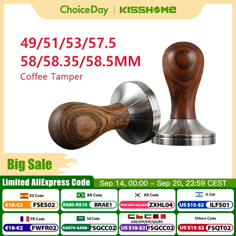 Coffee Tamper Wooden Espresso Powder Hammer 41/49/51mm/53mm/57/57.5mm/58mm/58.35mm Stainless Steel Barista Tool Coffee Accessory