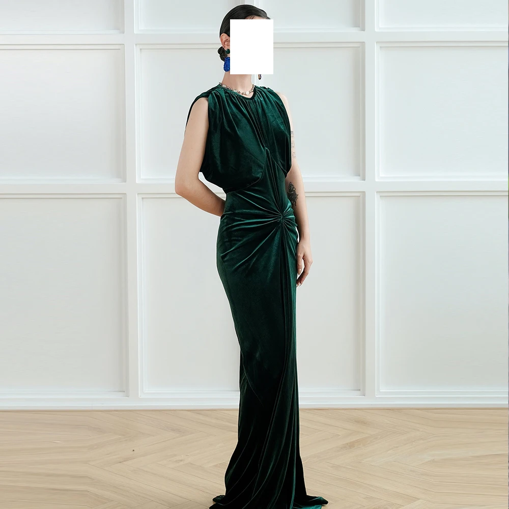 

Exquisite Straight Floor Length V Neck Sweep Train Zipper Back Pleats Green Evening Dress Prom Gowns Saudi Ara Women 2024