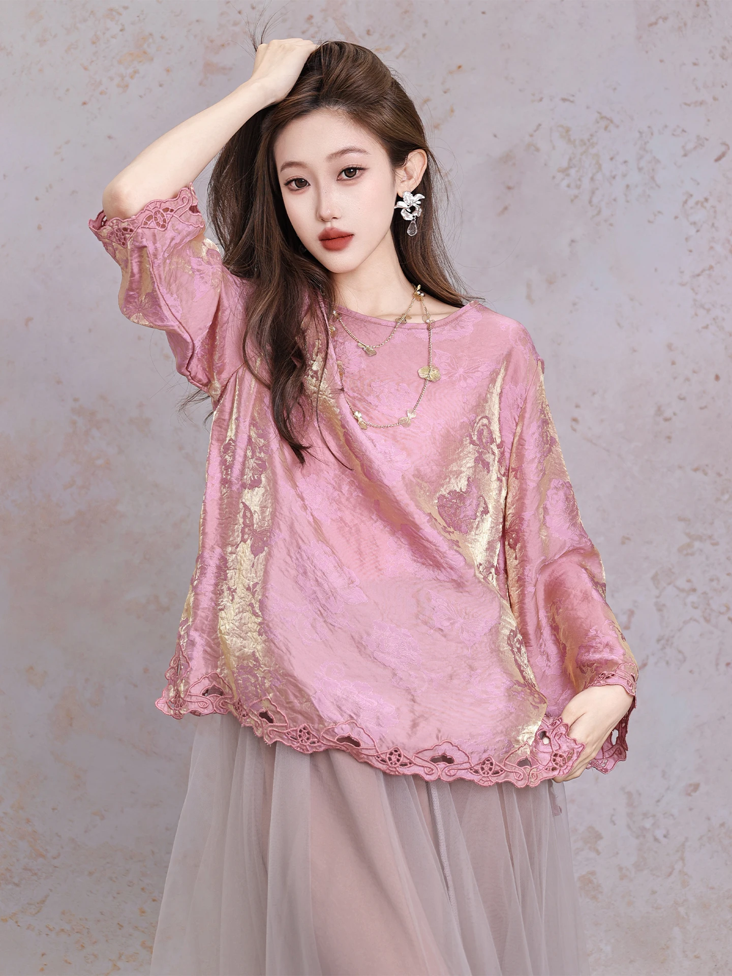 

Elegant Long Sleeve Embroidered Floral Motif Hollow out Shirt Artistic Style Loose Fit Women's Fashion Spring Collection
