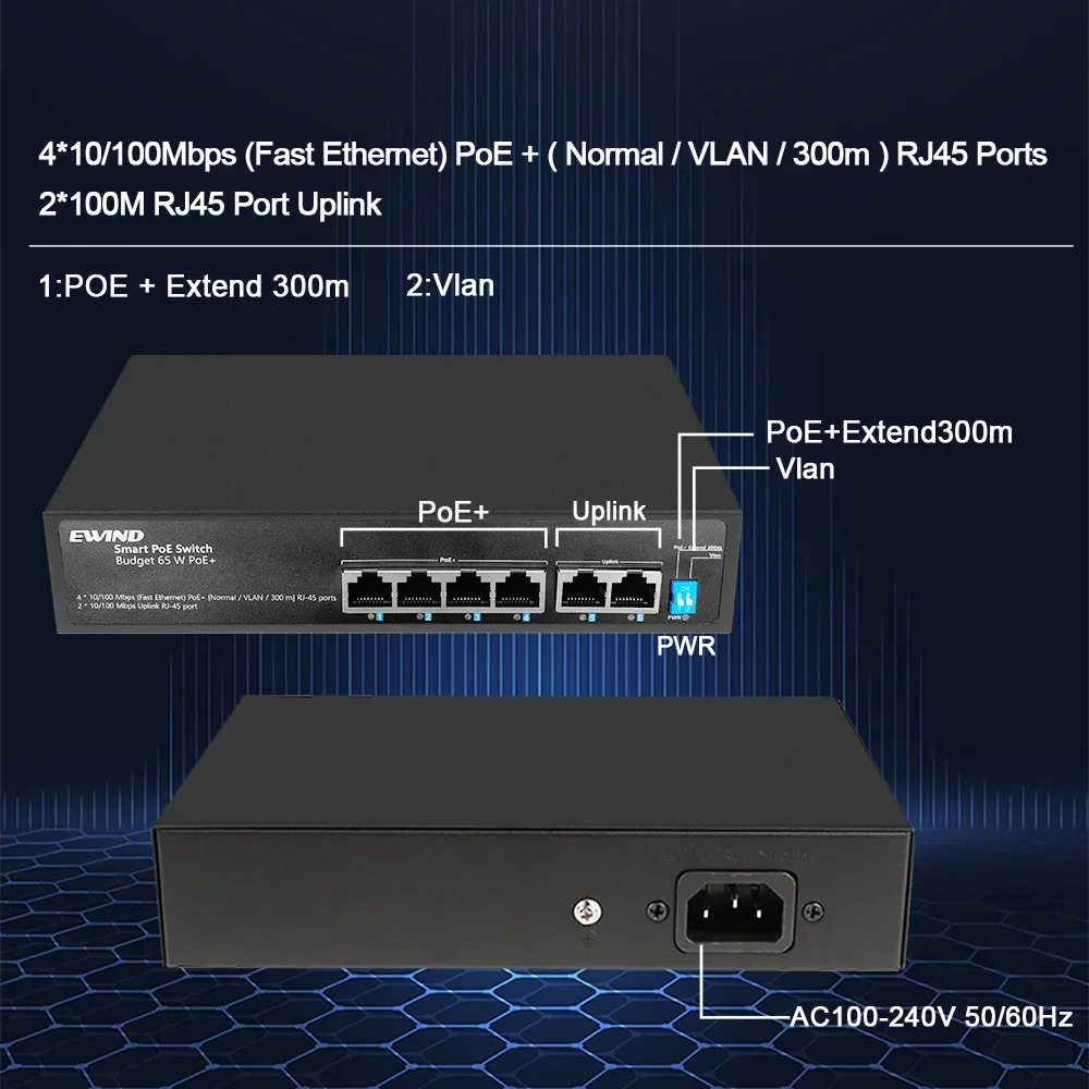 

POE Switch 6/10 Ports 10/100Mbps Ethernet Fast Switch with 2 100M RJ45 Ports AI Smart Network Switch for IP Camera/Wireless AP