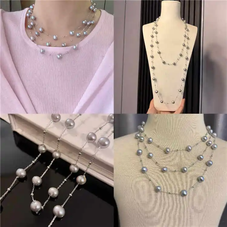 

Freshwater White Rice Pearl Long Chain Statement Necklace