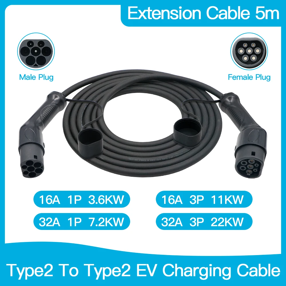 

EV Charging Cable 32A 22KW Three Phase Electric Vehicle Cord for Car Charger Station Type 2 EVSE Female to Male Plug IEC 62196