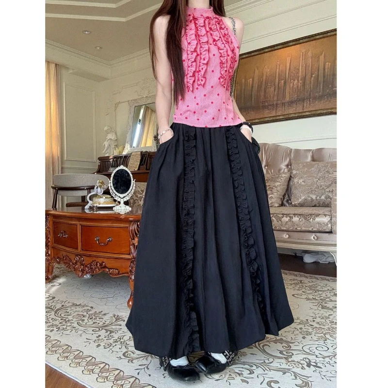 

Deeptown Vintage Black Ruffle Skirt Women Japanese Style Gothic Long Skirt Fashion Harajuku Retro Streetwear Skirts Aesthetics