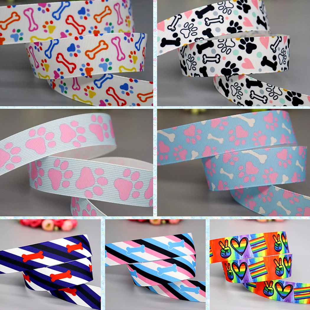 DHK 50yards Dog Paw Bone Peach Love Printed Grosgrain Ribbon Accessories Headwear Decoration Collar DIY Sewing Craft S2474