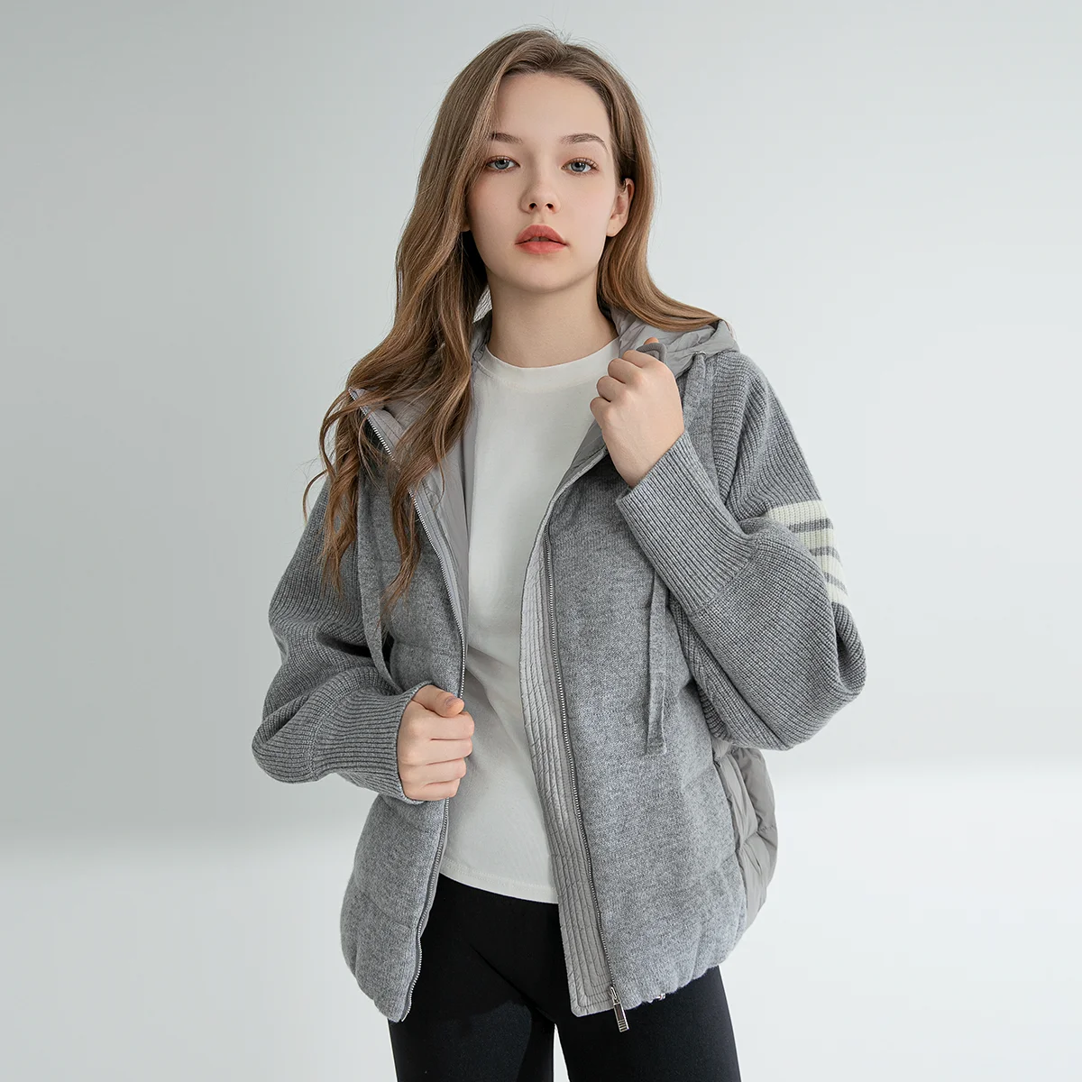 TC624 Hoge kwaliteit luxe dameskleding trendy merk 100% wol patchwork witte ganzendons jas winterjas hoodie