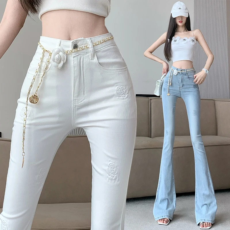 

Джинсы-колокольчики с высокой талией и принтом роз, женские весенне-летние новые джинсы в Корейском стиле с цветочным принтом Emed, джинсовая цепочка на талии