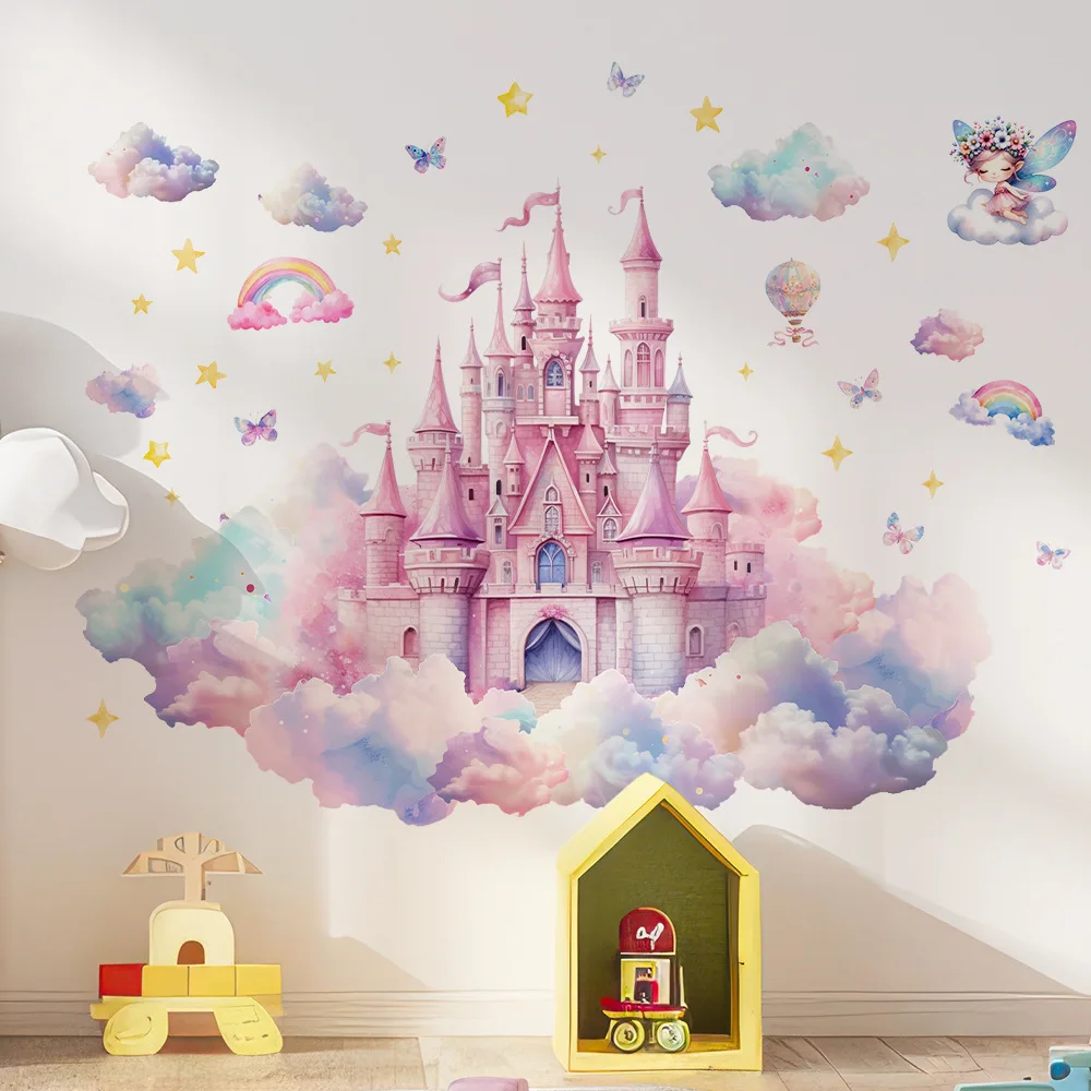 Watercolor Pink Castle Wall Stickers, Removable Rainbow Clouds Stars Butterflies Fairies Decals for Girls Bedroom Playroom