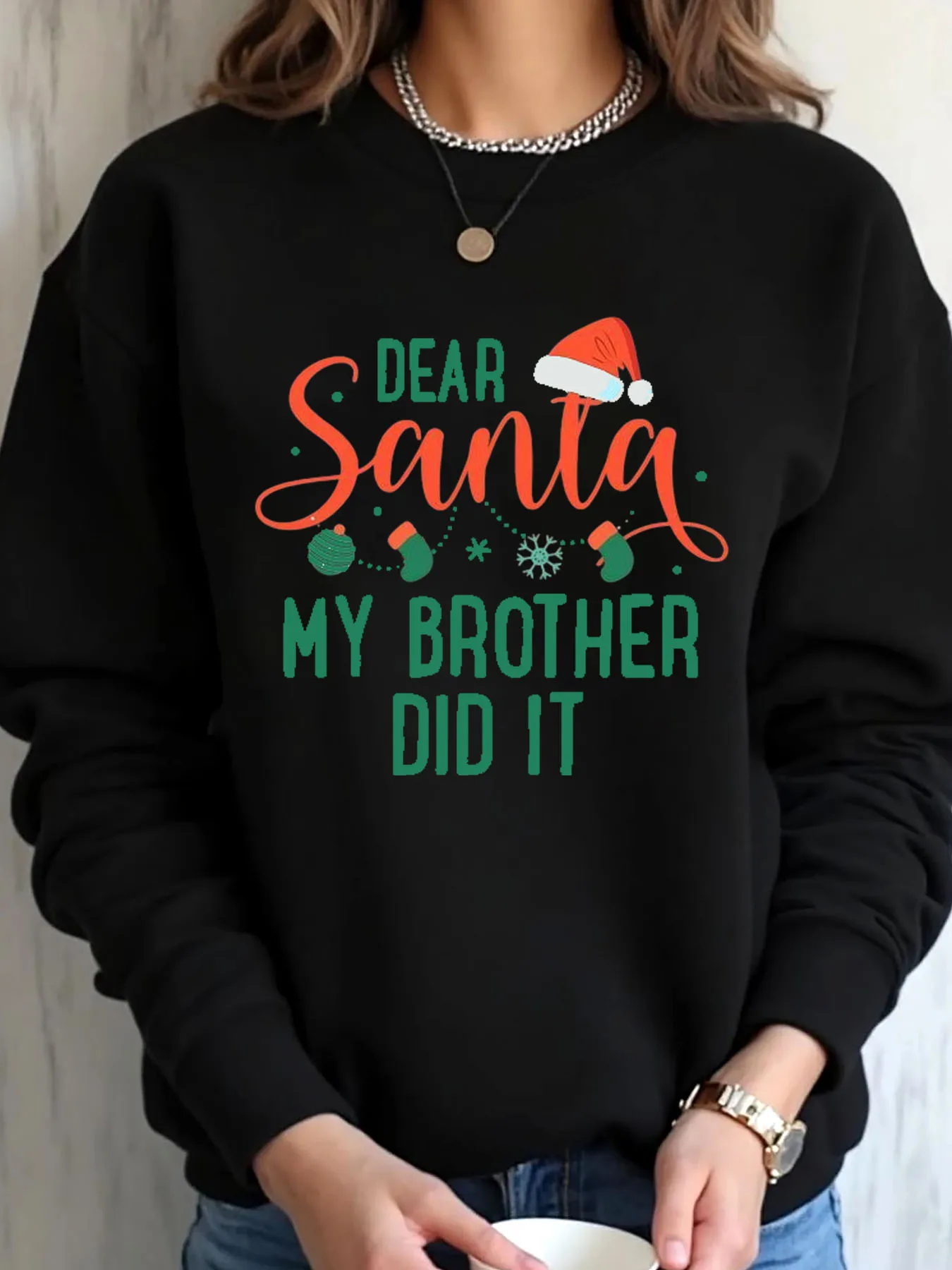 سويت شيرت نسائي كبير الحجم لعيد الميلاد عزيزي سانتا أخي طباعته ملابس خارجية