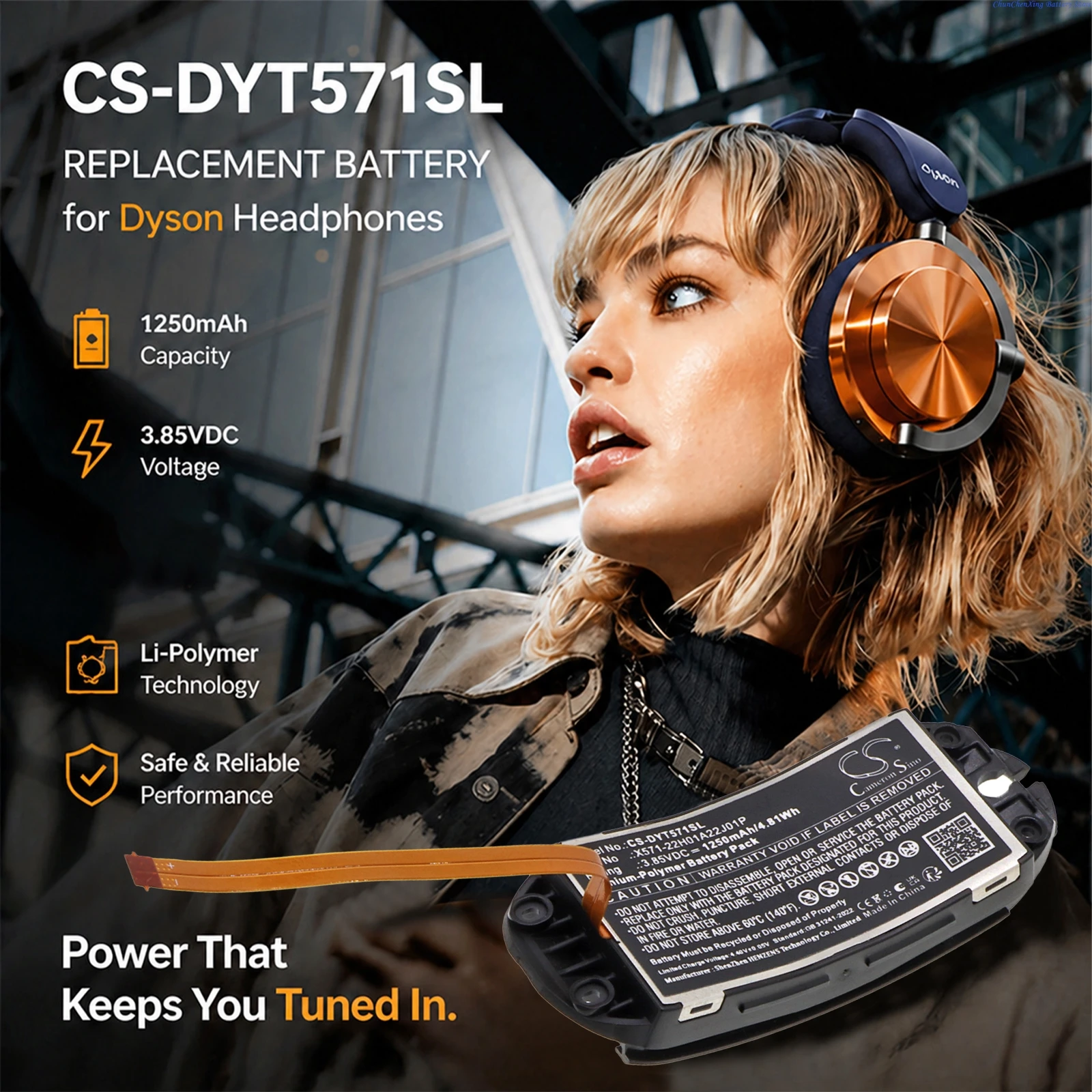 Cameron Sino 3.85V 1250mAh Replacement Wireless Headset Battery X571-22H01A22J01P for Dyson OnTrac Headphones