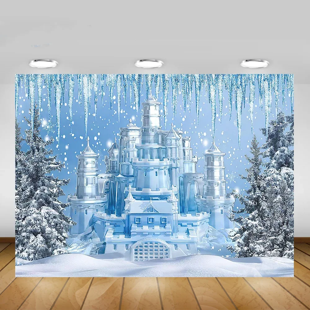 7X5FT Winter Ice Frozen Castle Palace Snowflakes Pine Happy Birthday Party Custom Photo Backdrop Background Vinyl 220cm X 150cm