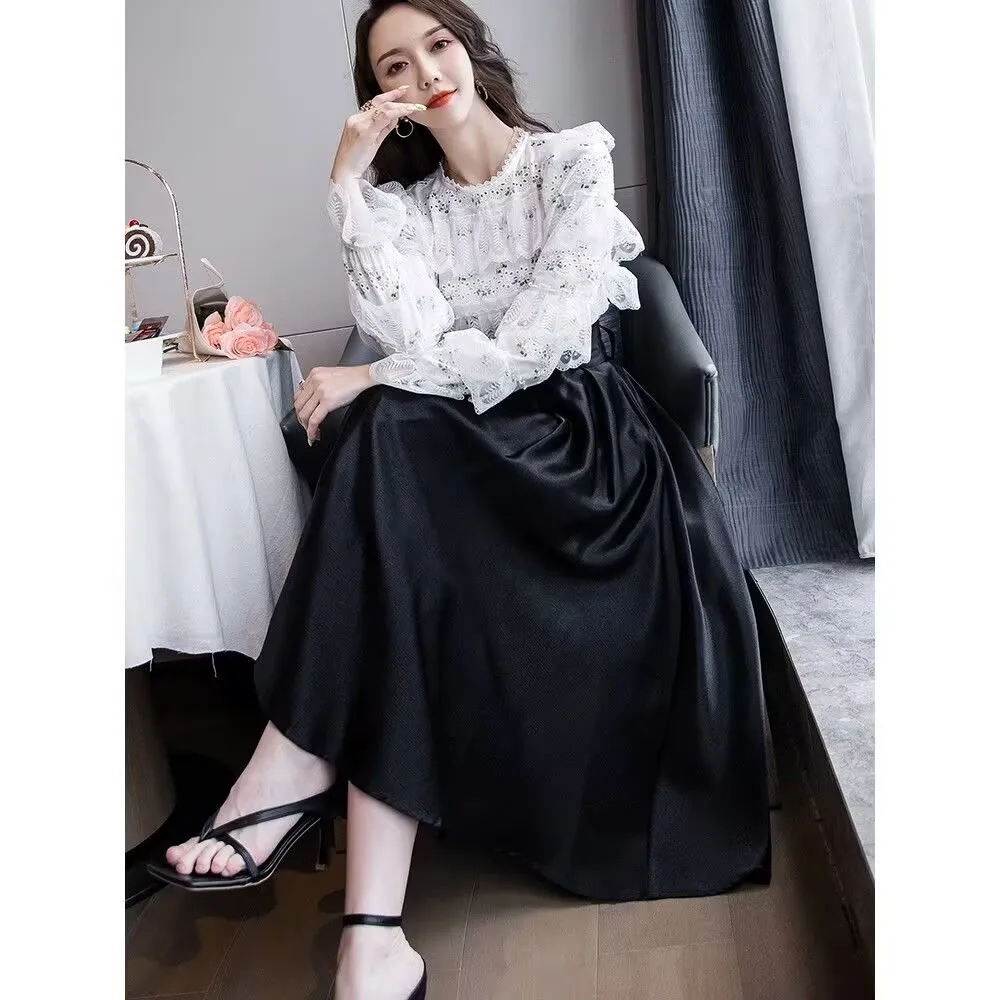 2025 ผู้หญิงเอวสูง A-Line กระโปรงฤดูร้อนฤดูใบไม้ร่วงผู้หญิงสีดํา Swing กระโปรงหญิง Elegant ความยาวปานกลาง Cinched-เอวกระโปรง