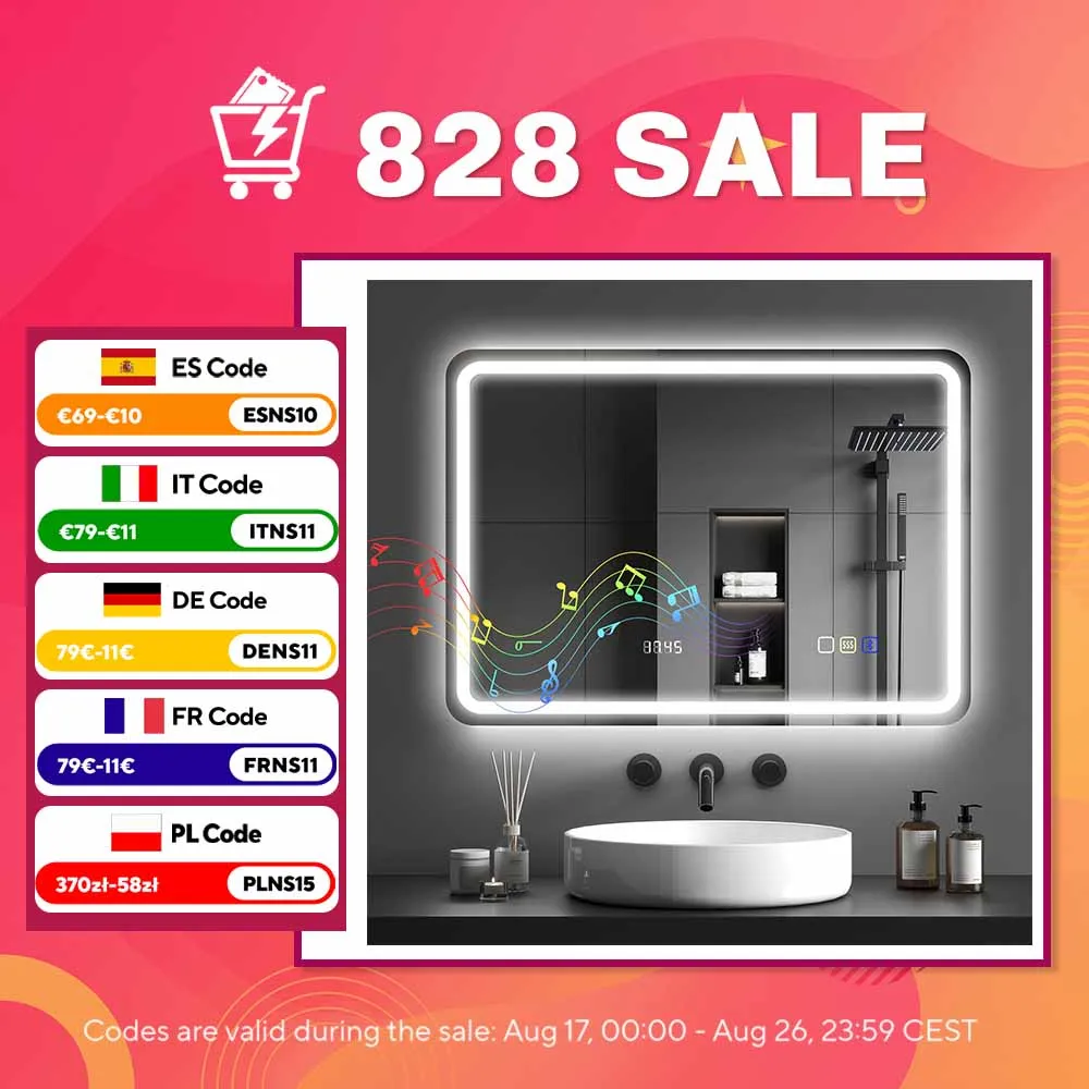 HOMCOM spiegel Bluetooth badkamer met LED-verlichting 50x70 cm, wandspiegelverlichting, klok, anti-fuse, 3 kleuren licht, dimbaar, geheugen, aanraakschakelaar, gehard glas, IP44, Zilver