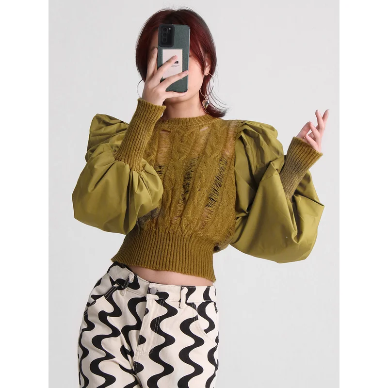 

French Style 2025 Autum New Arrival See-through Round Neck Puff Sleeves Pure Color Women's Patchwork Knitting Pullover Shirt