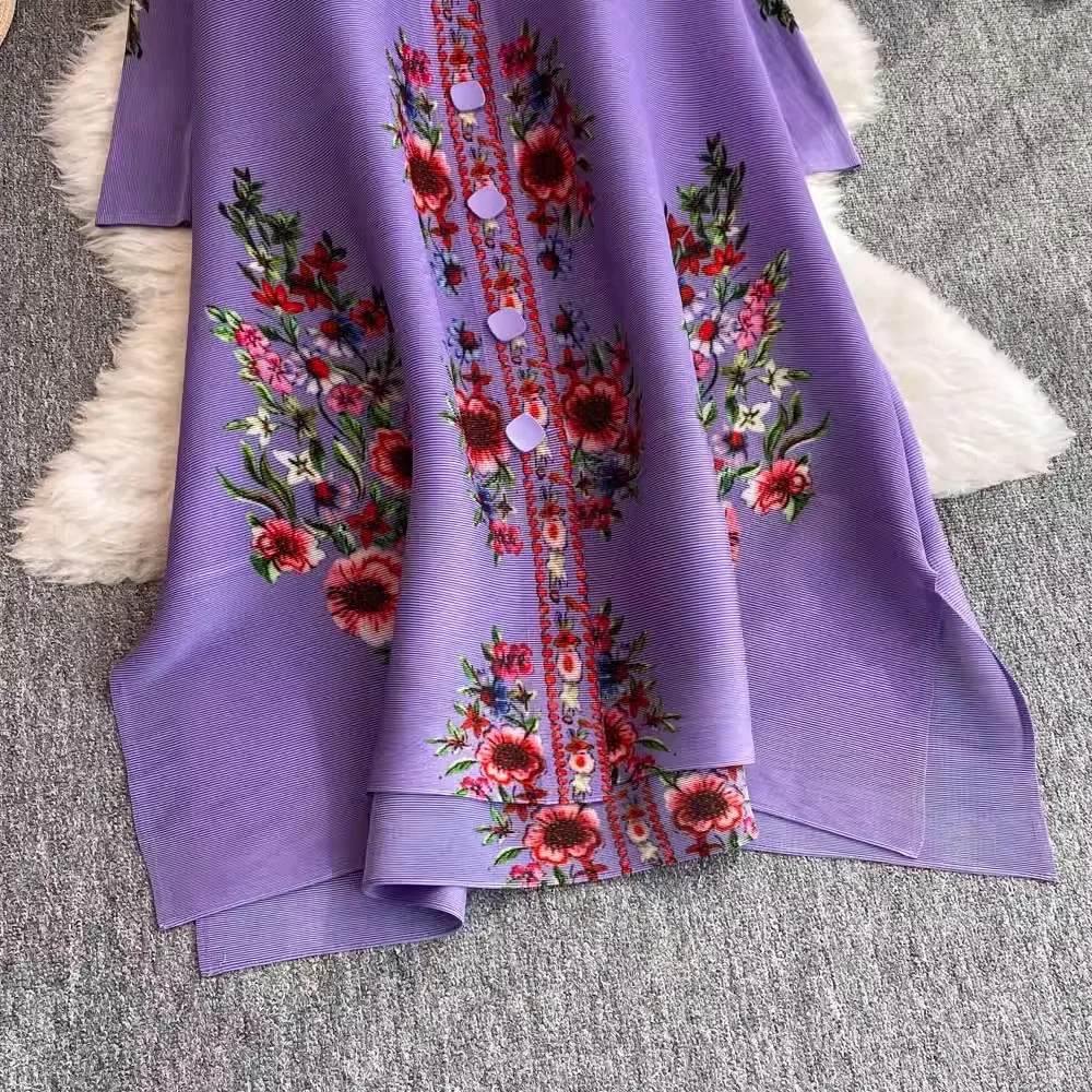 Robe plissée Yaki pour femme, chemise à revers, simple boutonnage, fleur élégante, cardigans mi-longs irréguliers, printemps, nouveau