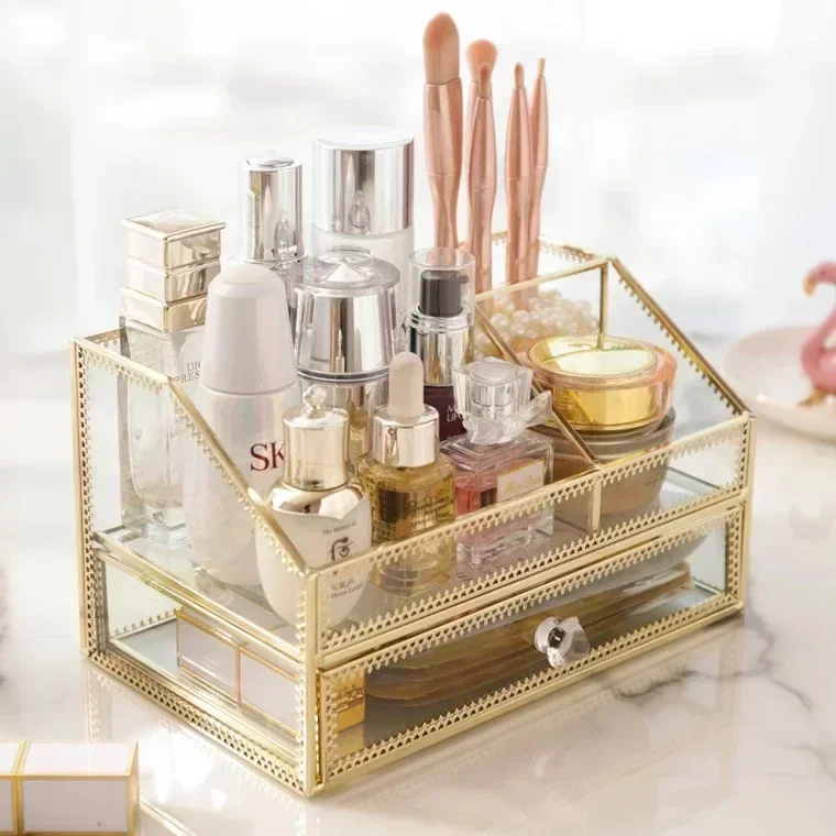 Makeup Bathroom Display Tools For Glass Cosmetic Up Pads Golden Box Storage Jewelry Perfume Organizer Cotton Make Rack