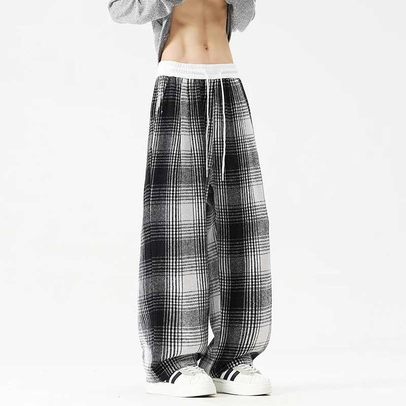 

Autumn Thick Pants Men Warm Fashion Retro Plaid Pants Men Japanese Streetwear Loose Wide Leg Pants Men Vintage Trousers M-3XL