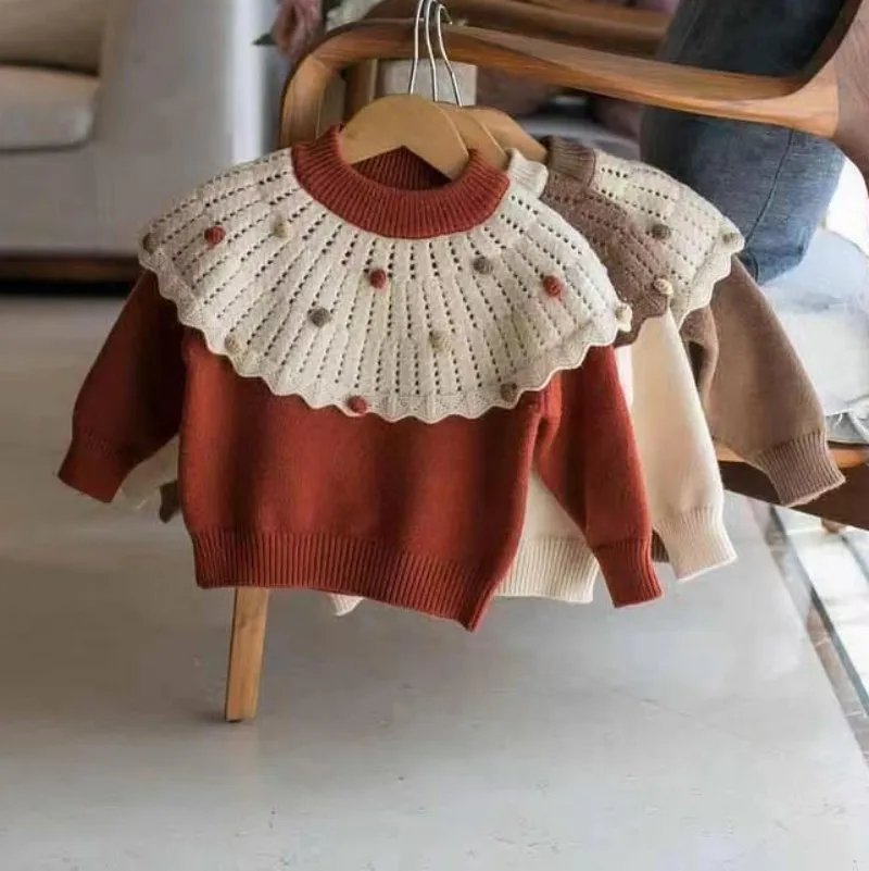 

Autumn Winter Baby Girls Knitting Pullover Tops Handmade Wool Ball Splicing Kids Knitting Clothing Baby Girls Pullover Sweate