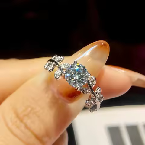 GRA 1CT Certified Real Moissanite Diamond Leaf Round Ring for Women's Daily Anniversary Real 925 Sterling Silver Fine Jewelry
