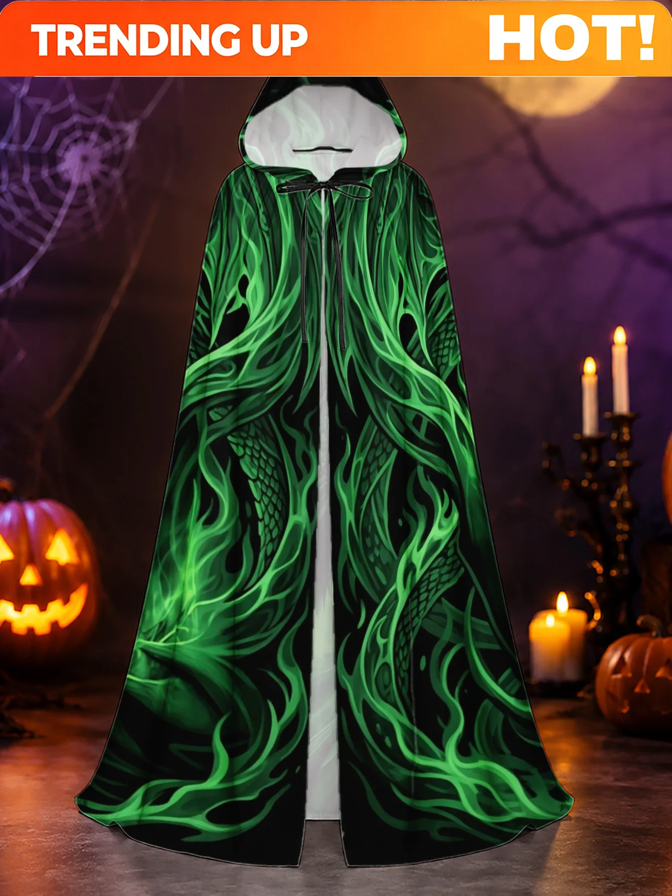 Customization 1pc, Unisex Hooded Cape With Gothic Green Dragon Flames Print, Polyester Robe For Halloween Witch Or Christmas