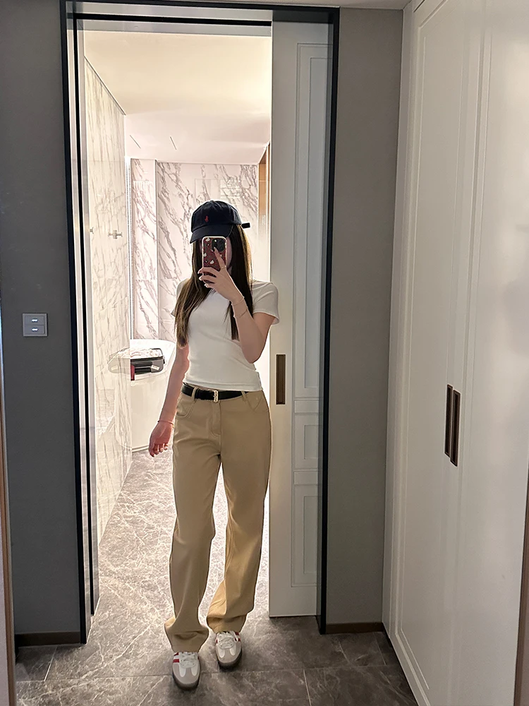 

Treasure Casual Khaki Slim Straight Leg Jeans Women's plus Size Thickened Winter High Waist Slimming Casual Denim