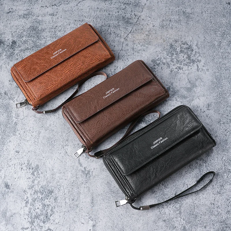 Bolso de mano de cuero con cremallera para hombre, cartera larga de gran capacidad, bolso para teléfono, tarjetero múltiple, monedero de doble capa