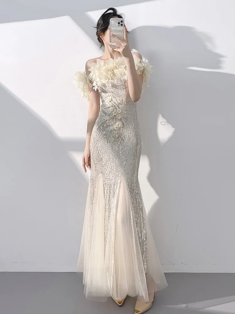 

Вечернее платье цвета шампань для женщин: модное, роскошное, на одно плечо, с пайетками, силуэт «русалка», высококачественное, для свадьбы, свидания, вечеринки