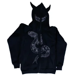 Gothic Hot Diamond Design Black Coats Y2k Demon Horn Long Sleeve Hoodies Punk Jacket Casual Zipper Hooded Coats For Men