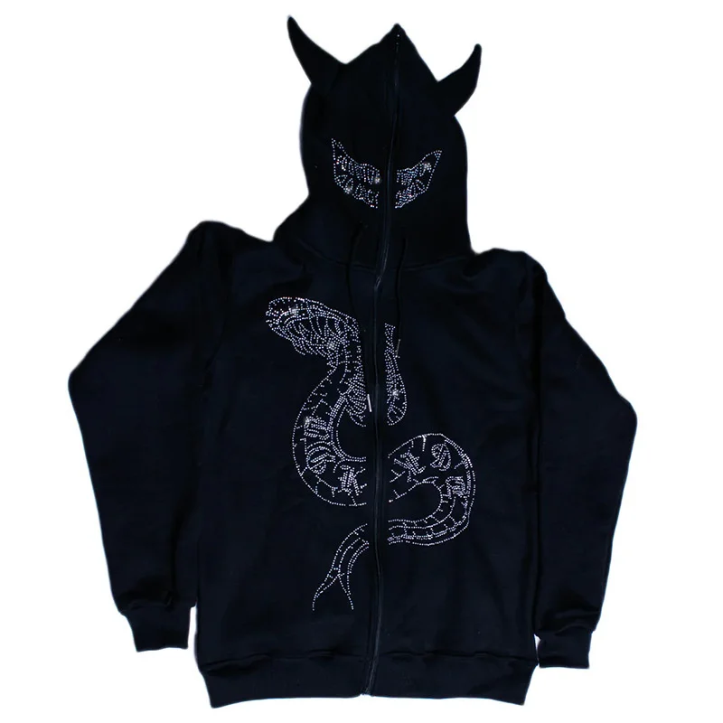 Gothic Hot Diamond Design Black Coats Y2k Demon Horn Long Sleeve Hoodies Punk Jacket Casual Zipper Hooded Coats For Men 