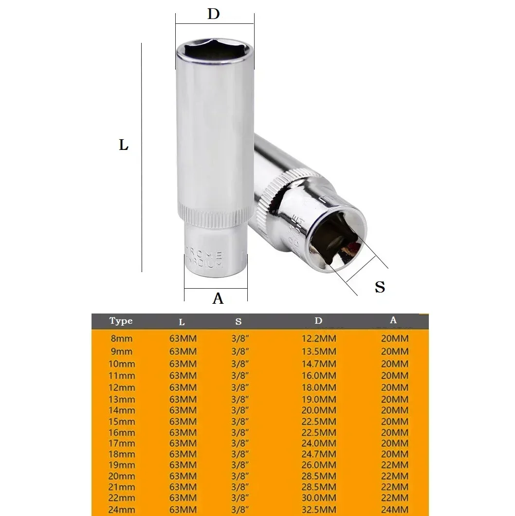 

3/8inch Chromium-vanadium Adapter Deep Long Heads Fly Hex Ratchet 8-24mm Medium Socket Wrench Wrench Steel Socket Adapter