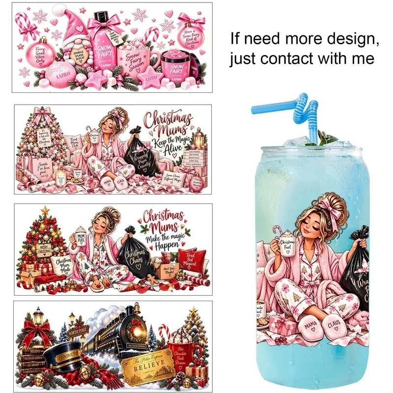 Happy Merry Christmas Vibe 16oz UV DTF Transfer Sticker Waterproof DIY Decals 3D Transfers UVDTF Sticker 16oz UV DTF Cup Wraps