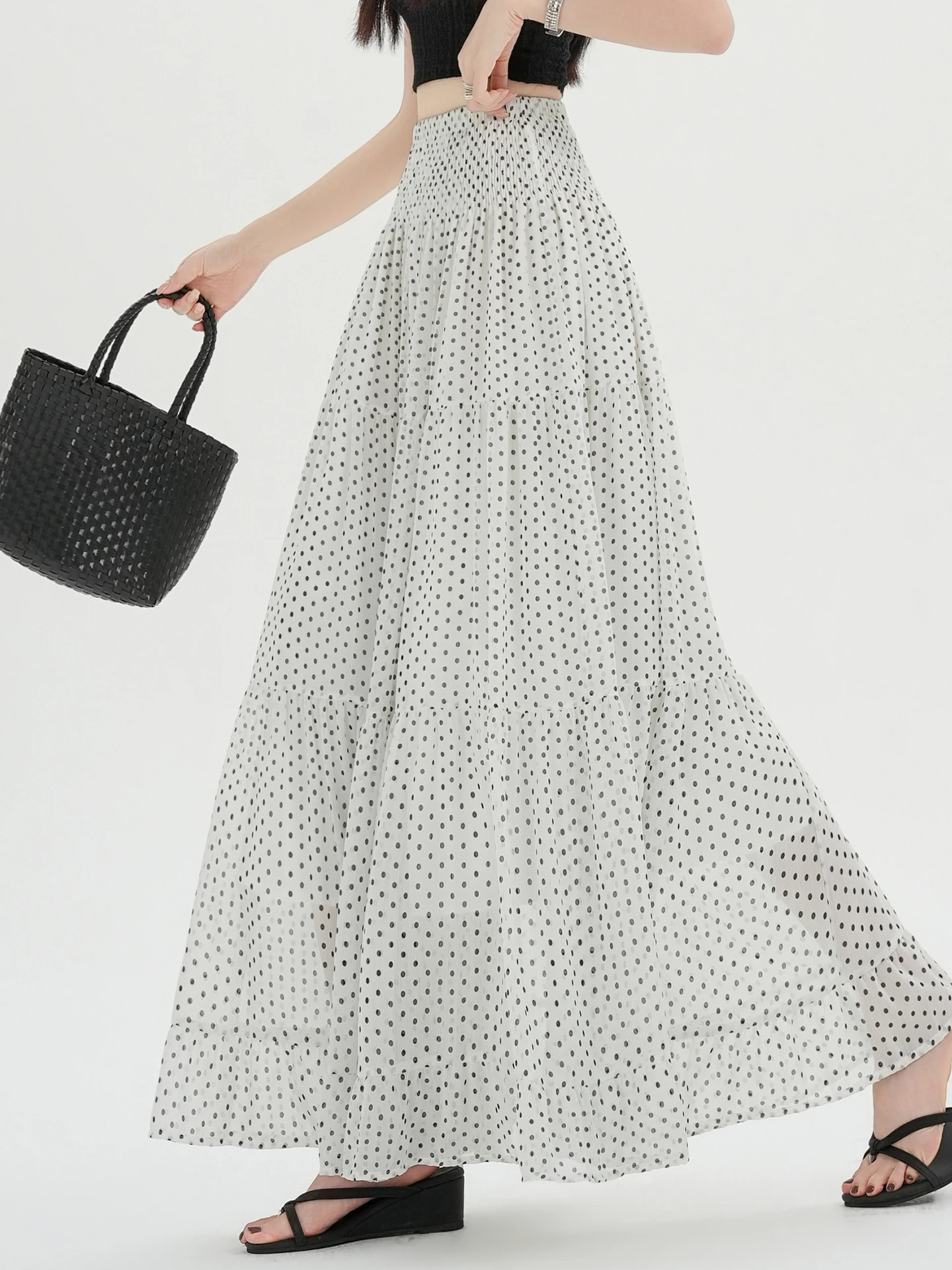 

Unique Summer Polka Dot Half Skirt Women's Loose A-Line Skirt Elastic Waist Design Sensation Splicing Beautiful Skirts