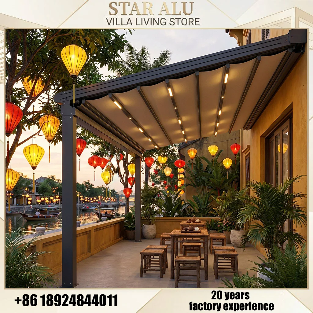 Garden Patio Retractable Awning Electric Aluminum Frame Waterproof Sunshade Canopy for Outdoor Use