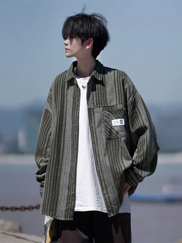 

Casual Striped Long Sleeve Shirt for Men Spring 2025 New Style Handsome Loose Fit Trendy Outerwear Shirt Jacket Youth Fashion