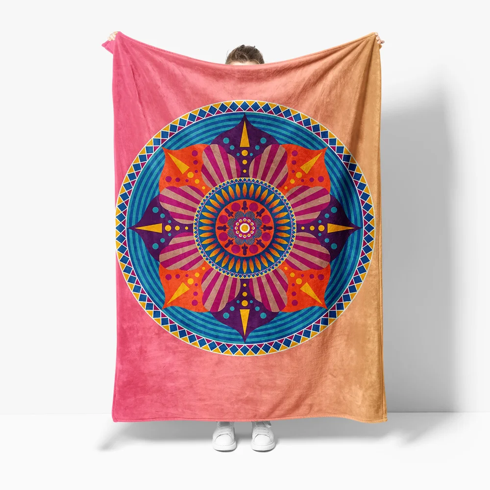 Colorful Mandala Print Fleece Blanket Bohemian Psychedelic Geometric Throw Blanket Home Decor Gift