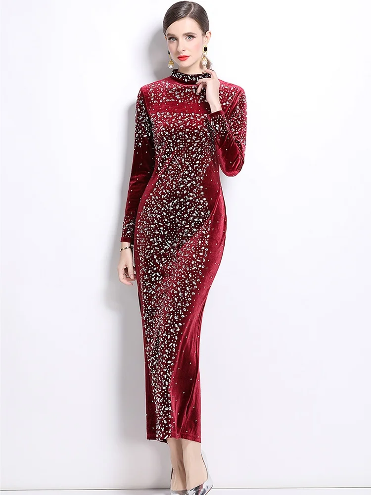 Temperament Long Dress Evening Birthday Celebrate Luxurious Costume Sparkly Silver Rhinestone Dancer Flashing Velvet Party Dress