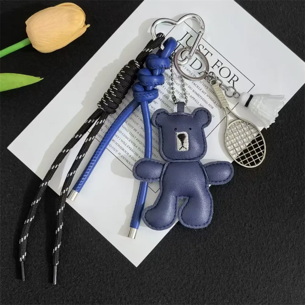 Unique Cartoon Bear Racket Keychain Badminton Good Luck Leather Bag Pendant Keyring Woven Rope Little Bear Bag Hanging Gifts
