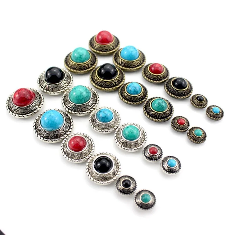 5PCS Retro Imitation Turquoise Round Decorative Concho Buttons Metal Castings Conchos Screw Back DIY Leather Craft Accessories