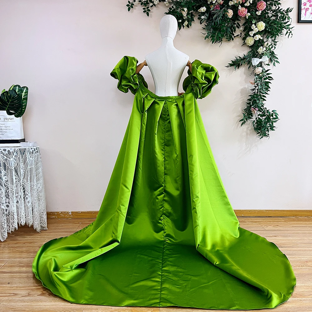 

Fashion Green Long Satin Wedding Cape With Puffy Short Sleeves,Romantic Evening Party Women Outfit Coat Chic DJ199