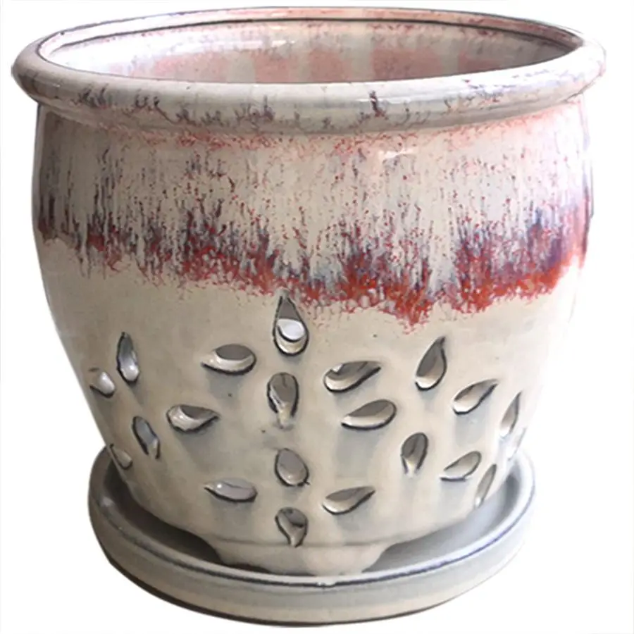 

7inch Orchid Pots with Holes Round Ceramic Flower Container Succulent Plant Planter Butterfly Pot Saucer Windowsill Contemporary