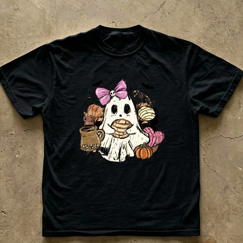 Cute Bow Ghost Concha Coffee T‑Shirt Mexican Sweet Bread Pumpkin Bat Fall Coquette Ghost Retro Distressed Cartoon Cotton Tees