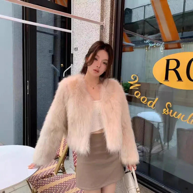 Women's New Imitation Fur Coat Women Environmental Protection Hair V-neck Simple Everything Stylish Elegant Warm Short Coat