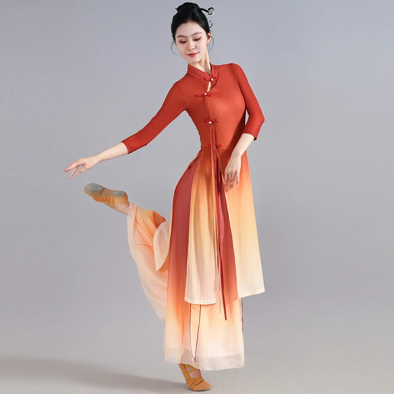 古典舞踊のガーゼ衣装、エレガントな中国風チャイナドレスと扇子舞のドレス、新しいスタイルの女性用スーツ