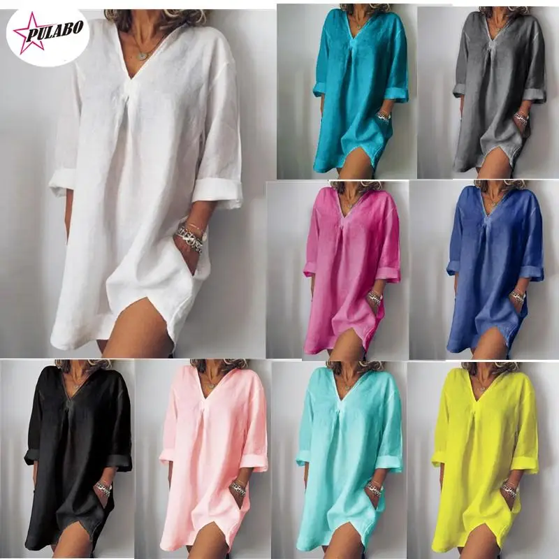 PULABO Women Summer Loose Button Long Shirt Dress Ladies Casual Shirt Women V-Neck Shirt Sexy Holiday Beach Three Quarter Sleeve