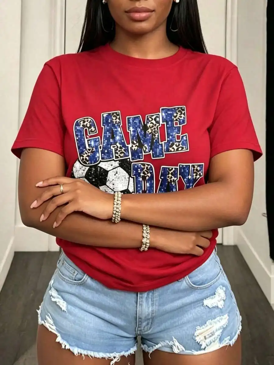 Short Sleeve Tee For Women Game Day Soccer Fan Heart Detail Print Casual Sports Events Team Support T‑Shirt Top